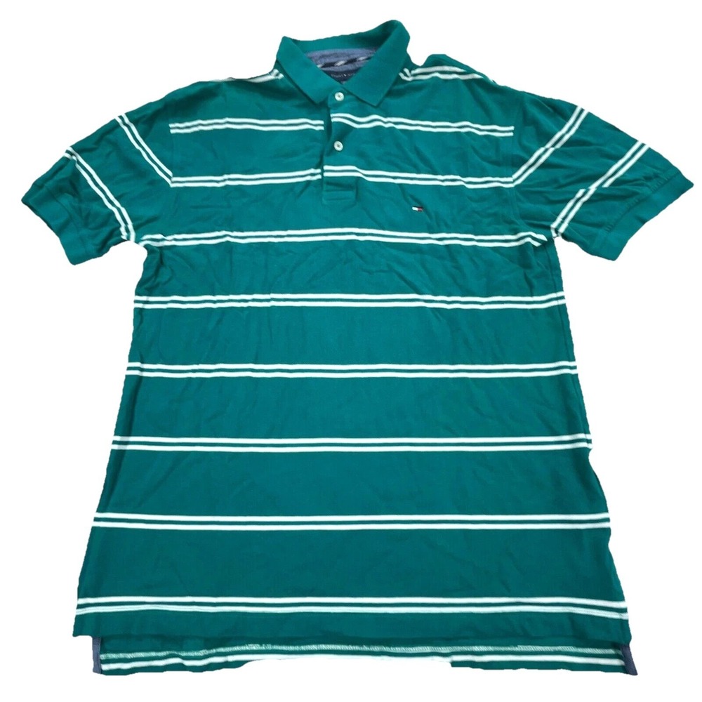 Tommyโ Hilfiger Polo Shirt Men Large Green White Striped Rugby Preppy Mesh Teal